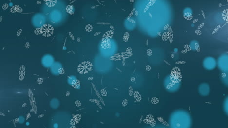 animación de copos de nieve cayendo contra manchas brillantes de luz en fondo azul con espacio de copia