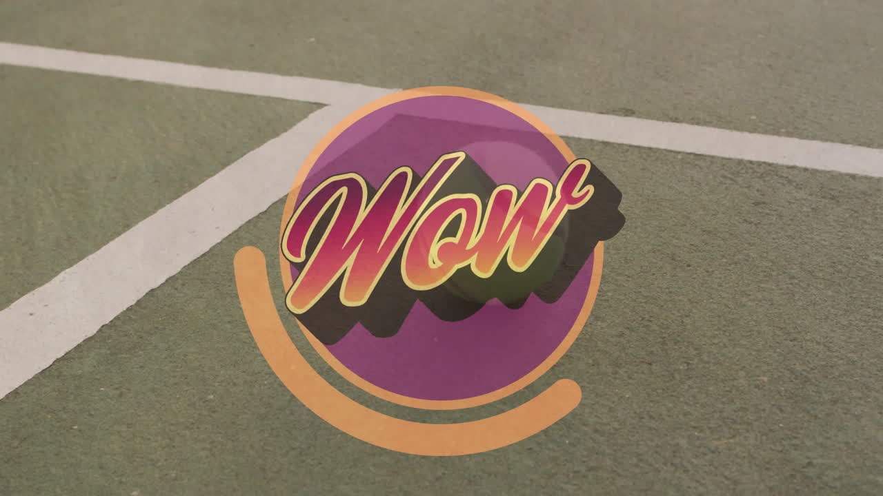 Wow emblem floating over sports court, showing purple circle with orange gradient cursive lettering