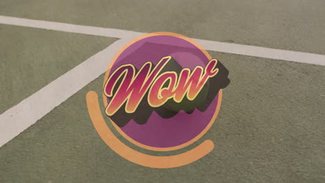 wow emblem floating over sports court, showing purple circle with orange gradient cursive lettering
