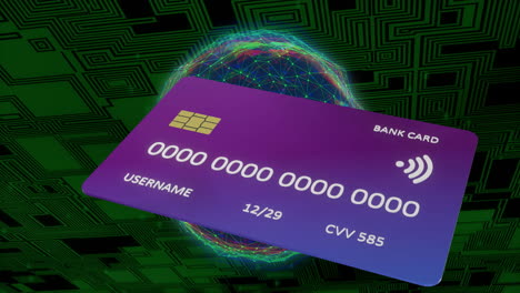 animation of digital data processing over credit card and globe