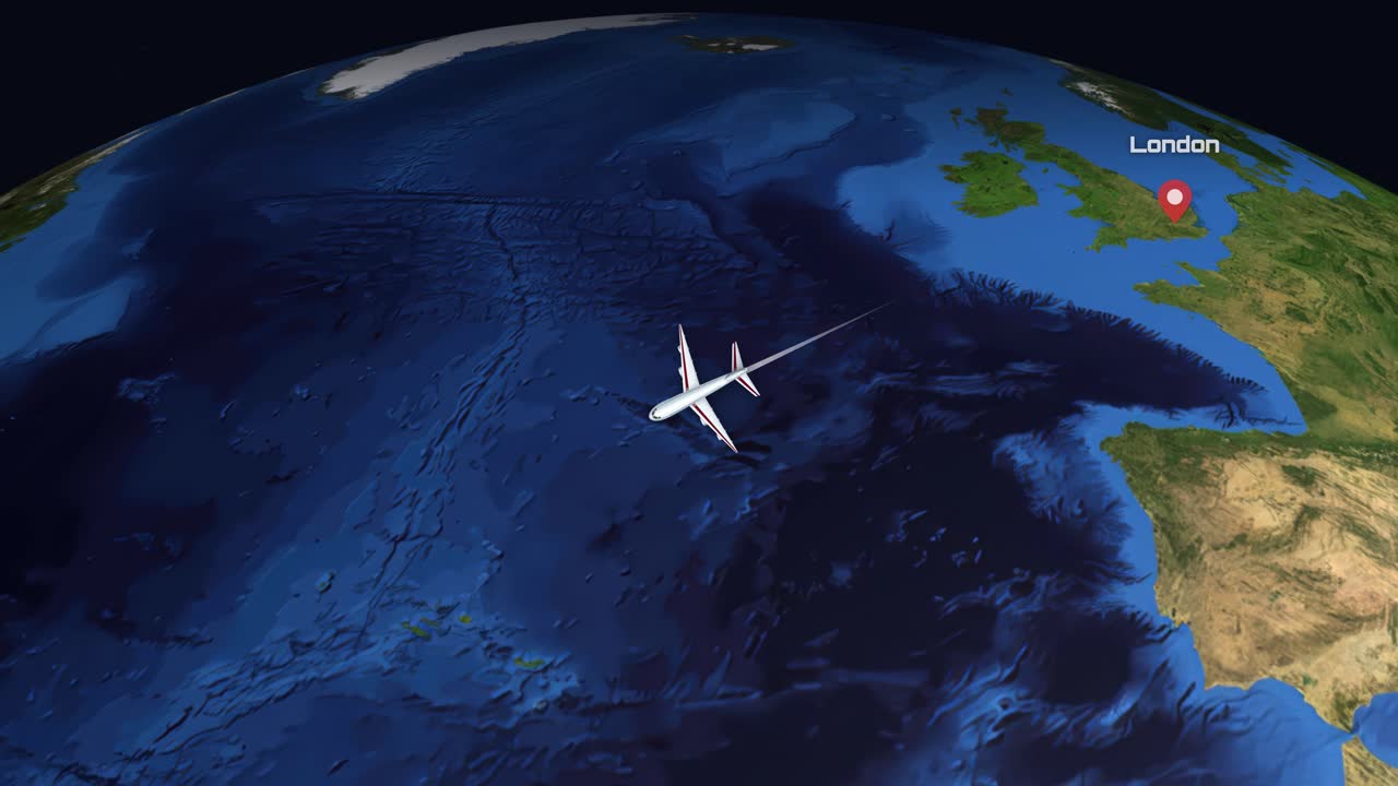 A commercial airplane flies across the Atlantic Ocean from London to Lima on Earth globe