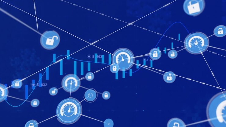 Animation of financial data processing over network of connections with icons