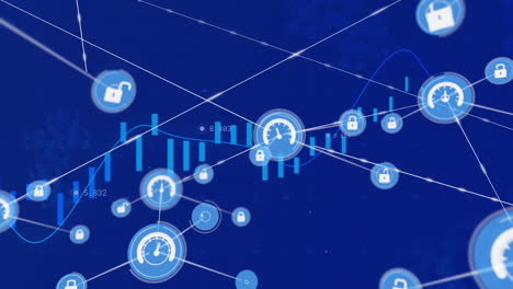 animation of financial data processing over network of connections with icons