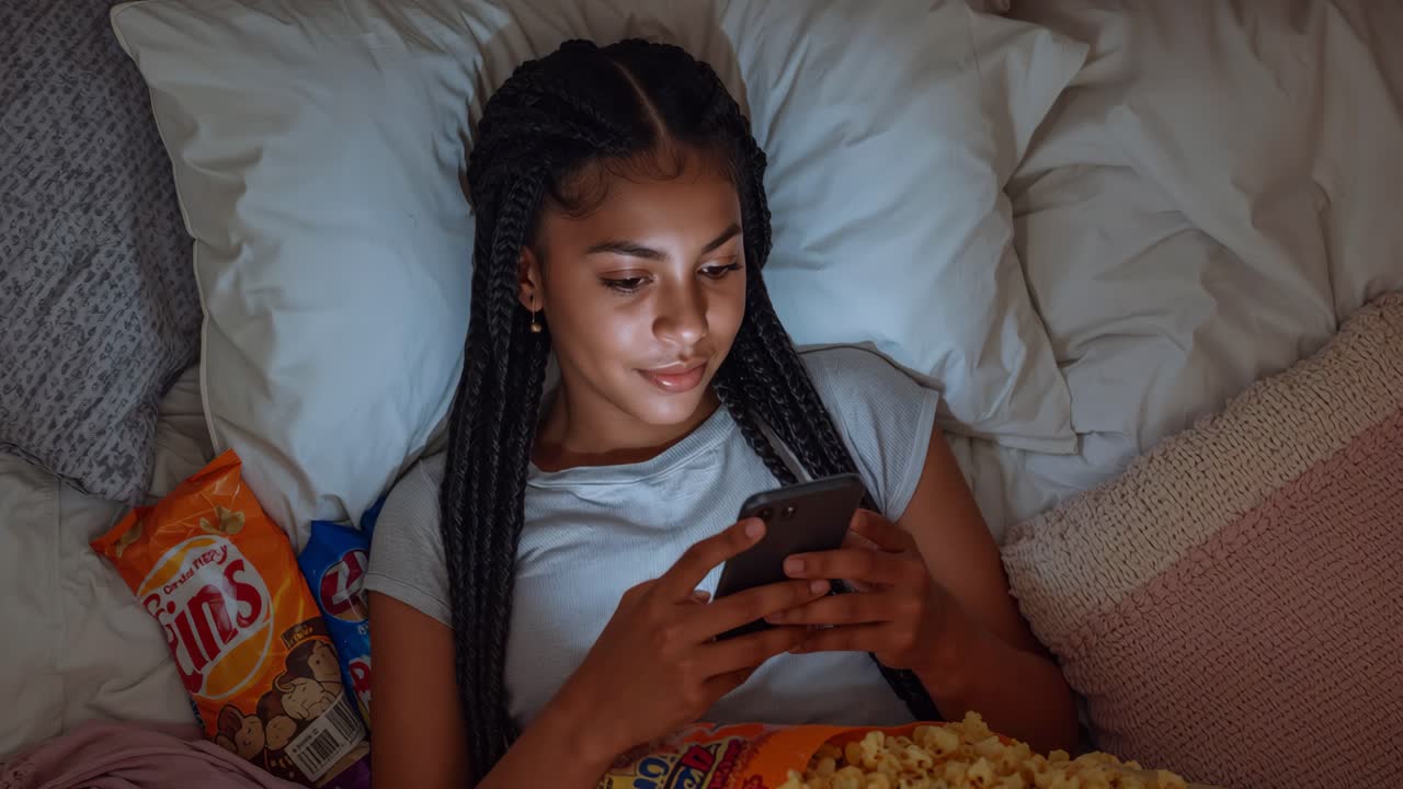 Woman Laying in Bed Using Smartphone with Snacks