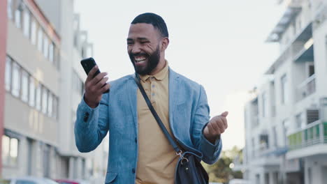 phone, city and celebration of business man