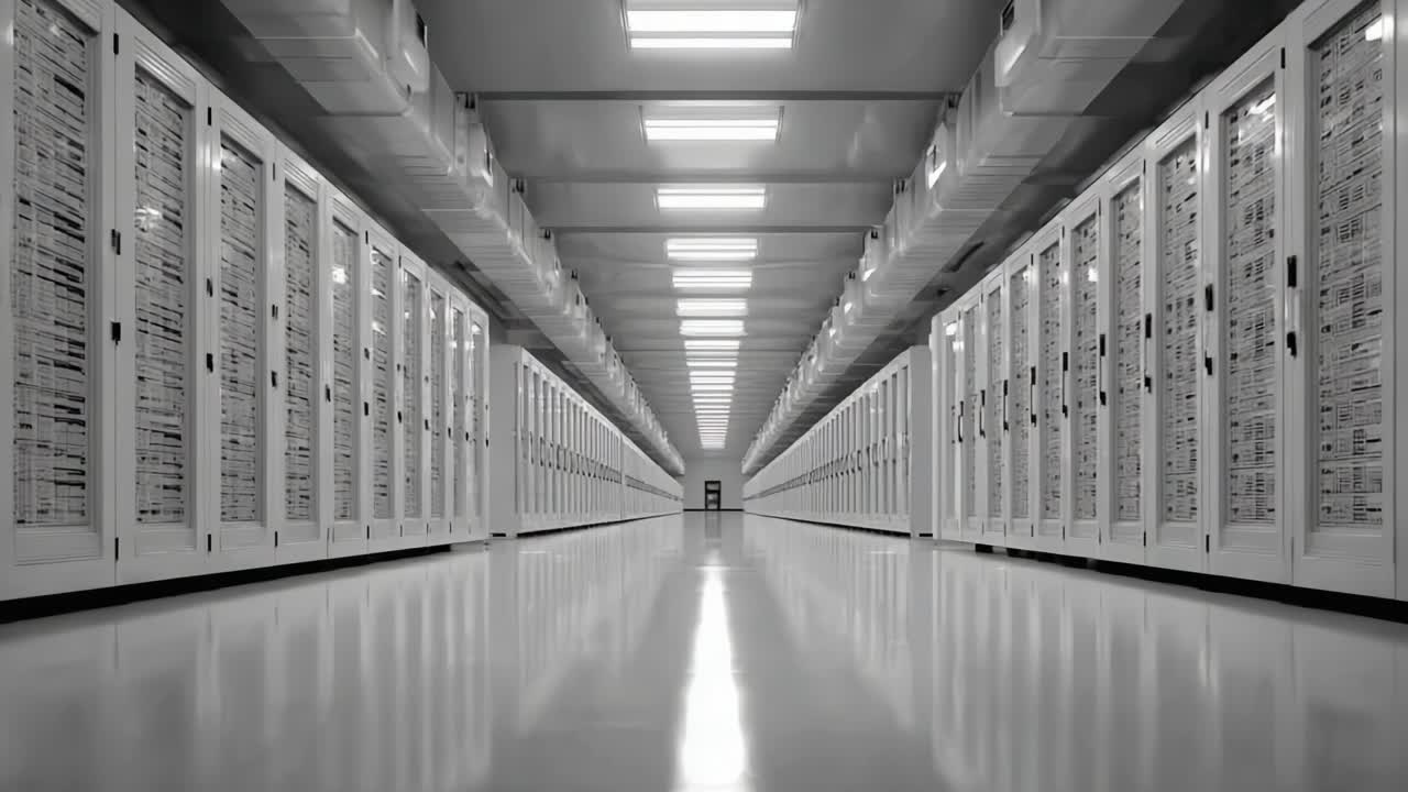 Exploring a High-Tech Data Center Corridor with Rows of Server Cabinets and Bright Overhead Lighting, Showcasing the Modern Infrastructure of Digital Storage Solutions