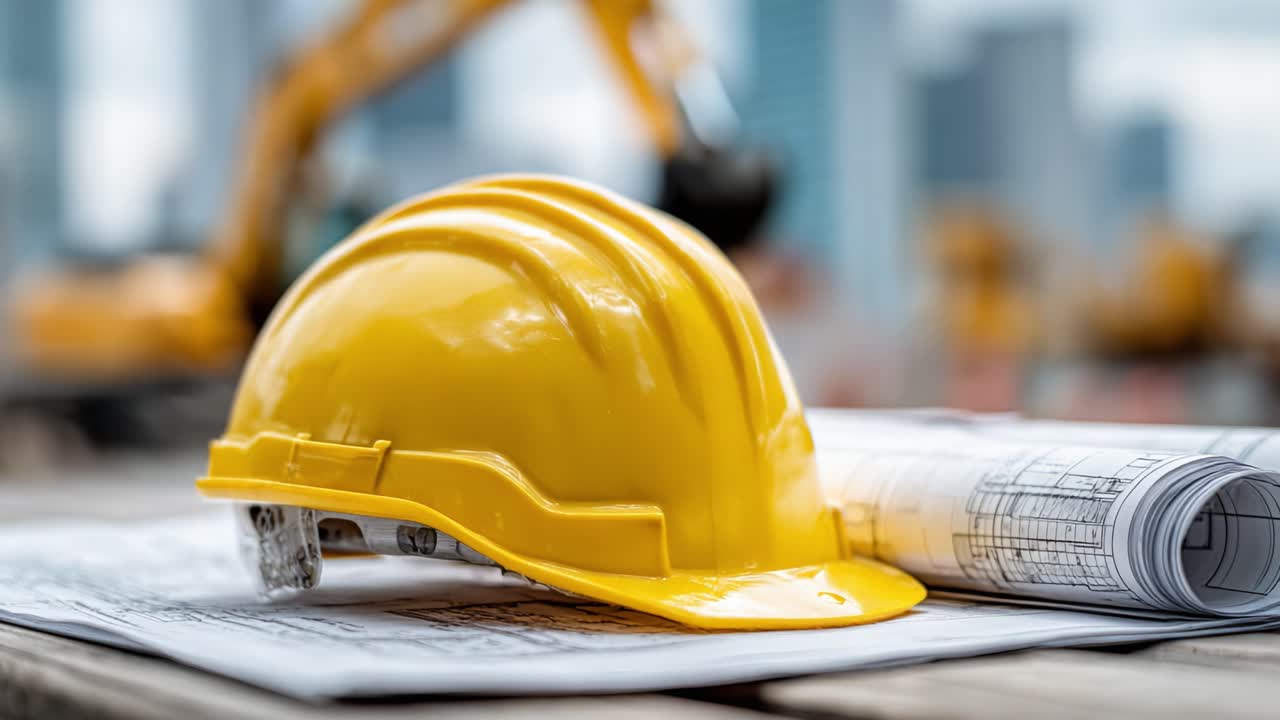 Construction Safety: A Close-Up of a Yellow Hard Hat Resting on Architectural Blueprints, Symbolizing Precaution and Planning in the Building Industry