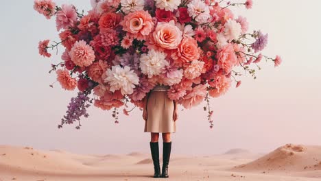 woman with a huge bouquet of flowers in a desert landscape