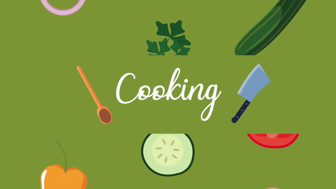 cooking lettering with vegetables and utensils animation