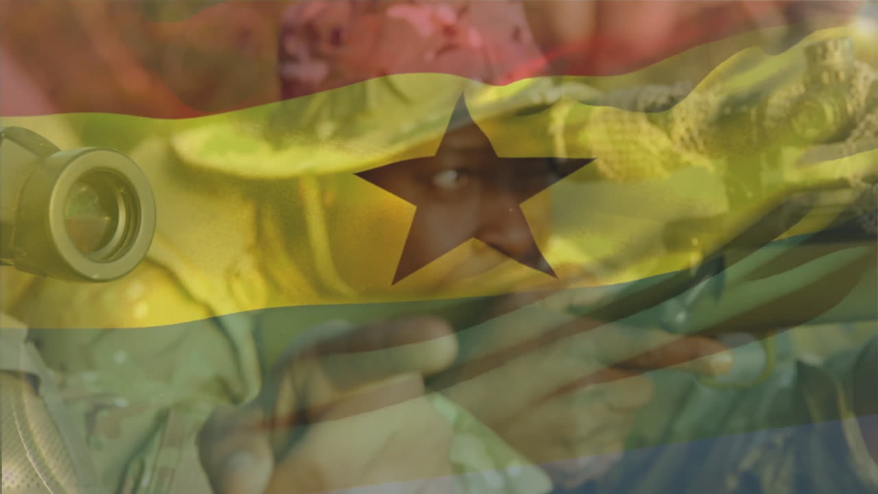 Aiming rifles, soldiers with Ghana flag overlay in military animation scene