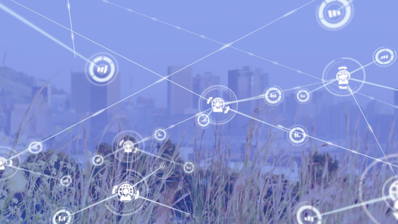 도시 풍경 위의 아이콘으로 연결된 네트워크의 애니메이션