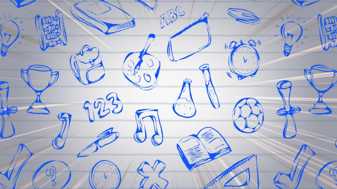 Animation of multiple school concept icons and light trails against white lined paper background