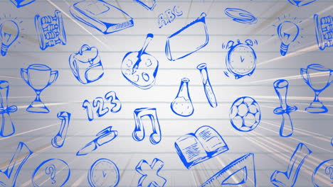 animation of multiple school concept icons and light trails against white lined paper background