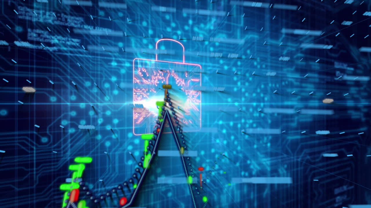 Digital security lock animation over financial data and graphs on blue background