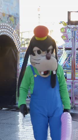 mascot character with balloon at an amusement park