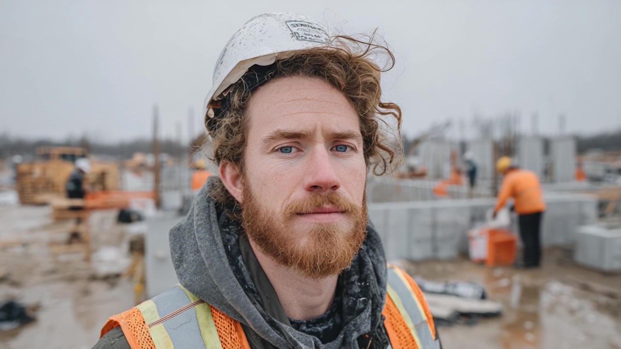 A Construction Worker Pausing Amidst Ongoing Site Activity: Focus on Determination and Safety While Overseeing Operations on a Gloomy Day