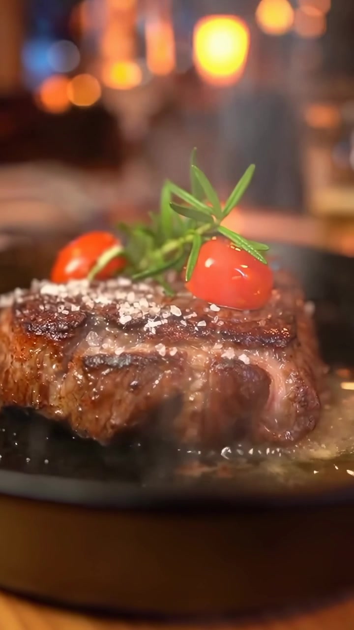 Delicious Steak Sizzling in a Pan with Herbs and Tomatoes
