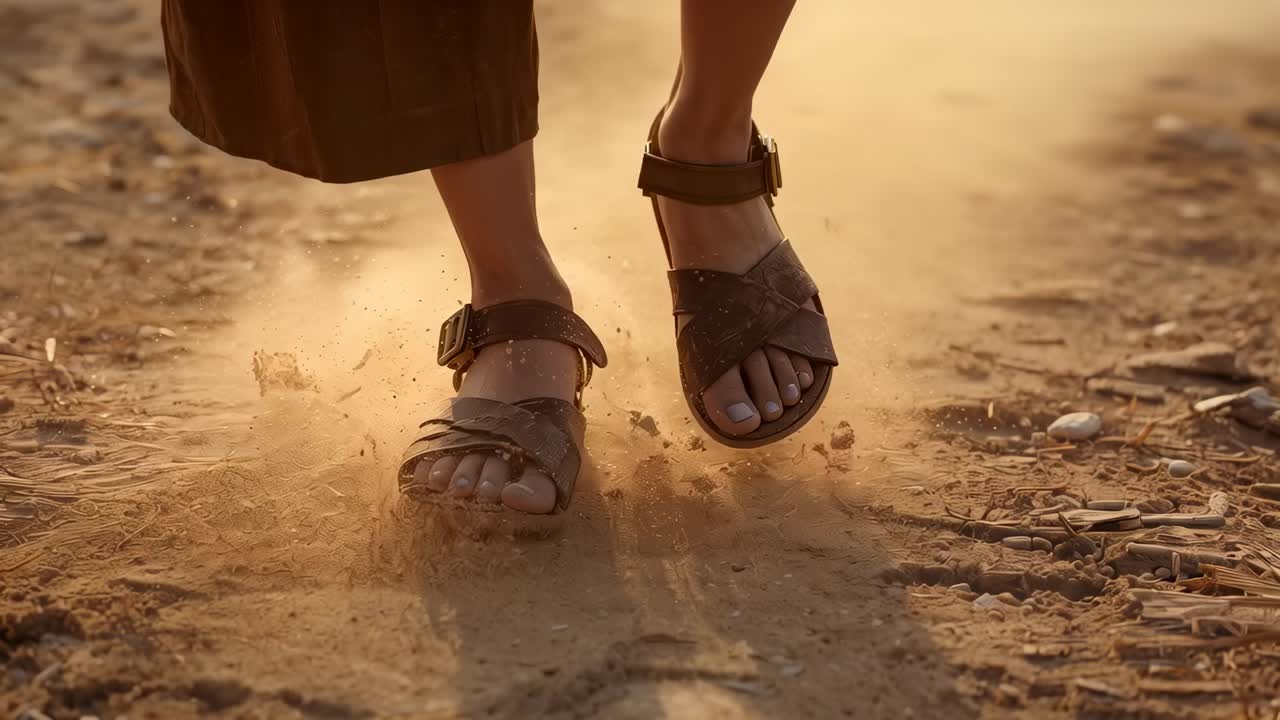 Right buckled sandal touching, pair walking following sunlit trail, skirt hem visible, kicking dust