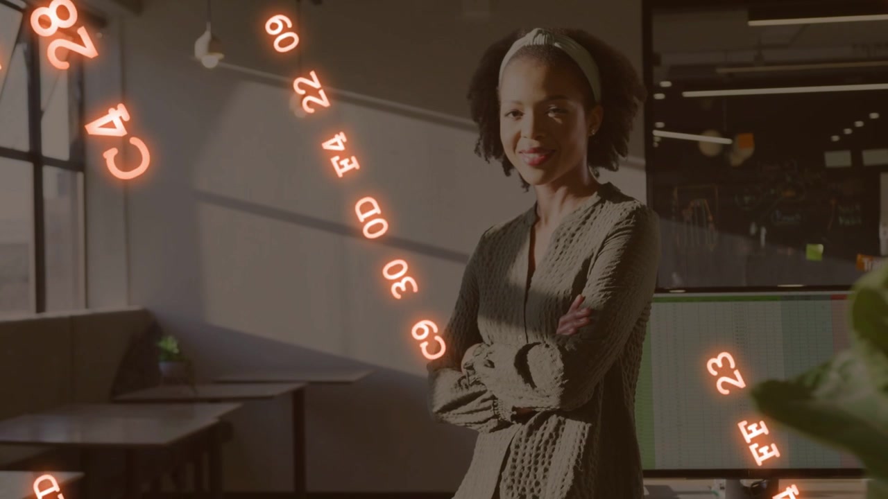 Camera panning revealing office woman leaning on desk, glowing codes drifting, centering for tech