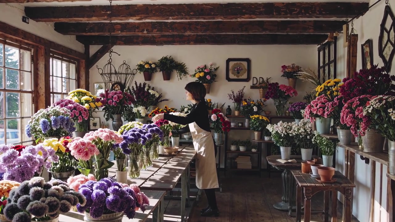 素朴な花屋で色とりどりの花をアレンジするフローリスト