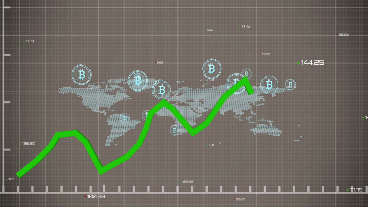 세계 지도와 비트코인 기호를 통해 금융 데이터 처리의 애니메이션