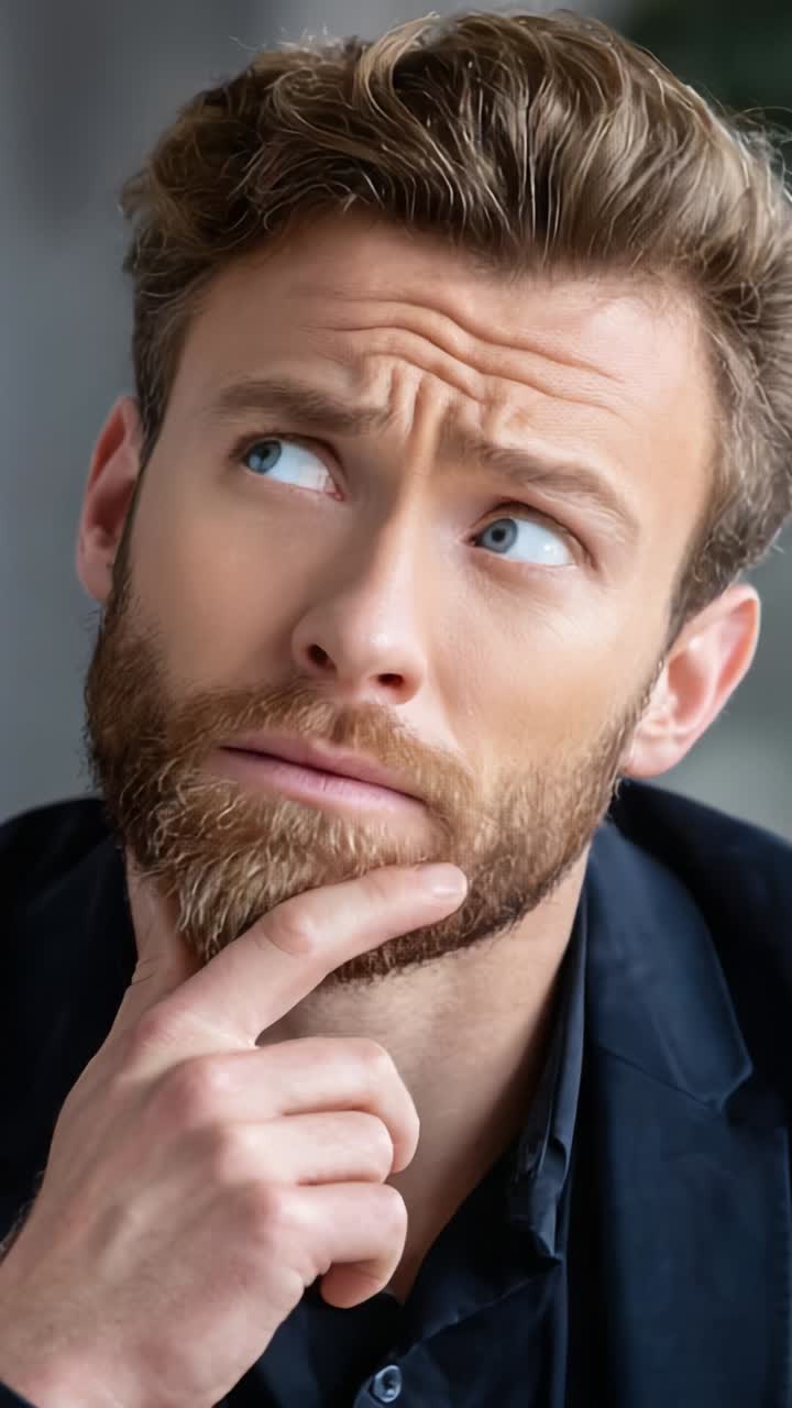 A Pensive Man Contemplates Life Choices, Deep in Thought with a Thoughtful Expression and a Gesture of Inquiry, Capturing the Essence of Reflection in a Moment