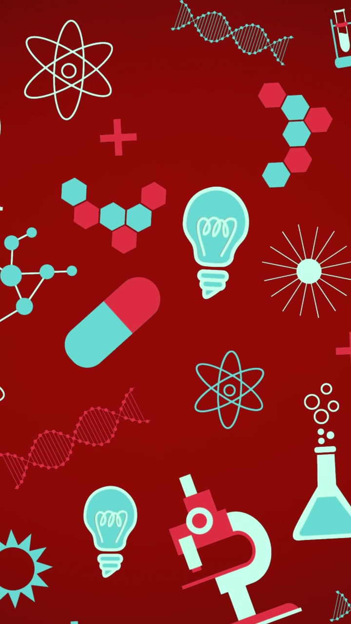 Multiple science concept icons moving against red background