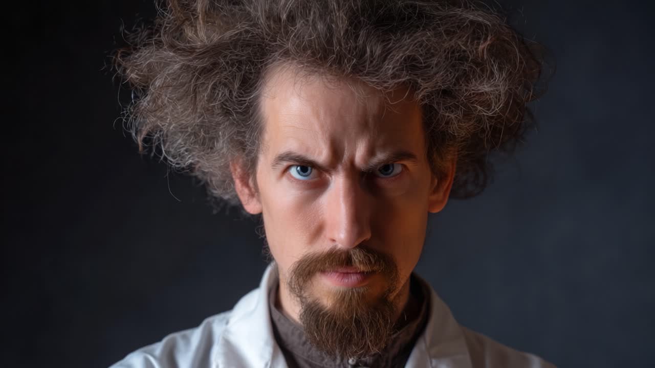 Close-up intenso de um cientista com cabelo característico e expressão intensa