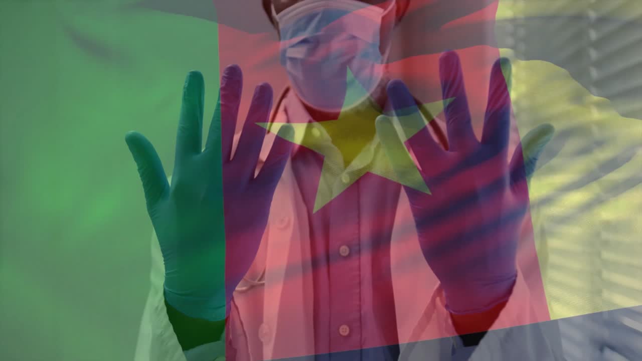 Doctor bringing gloved hands and adjusting fingers, showing glove fit for health with flag overlay