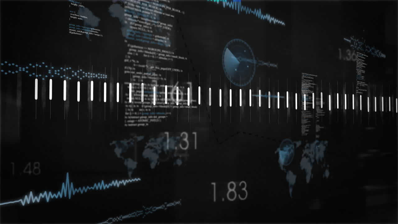 World map with digital data, graphs, and numbers in animation on dark background