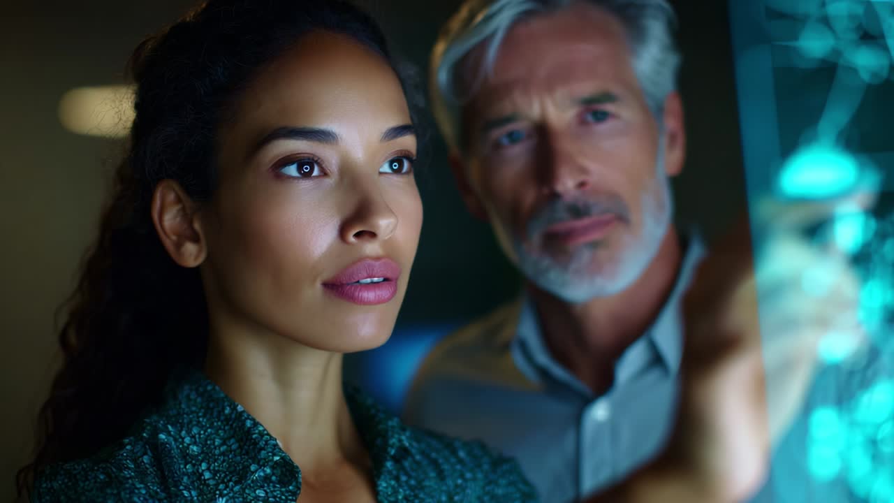 A Focused Discussion Between Two Professionals as They Analyze Advanced Data on a High-Tech Display, Showcasing Their Engagement and Determination to Solve Complex Problems