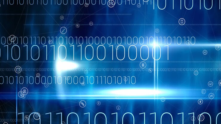 Animation of network of connections with digital icons over binary coding in background