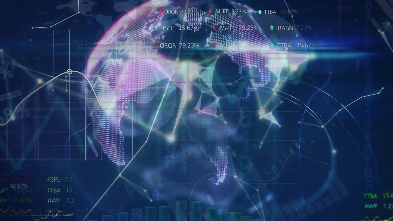 Animation of shapes and connections over globe on navy background