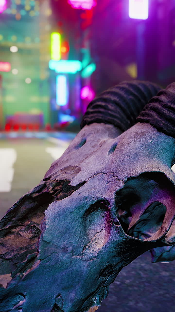 близко к черепу с неоновыми огнями на заднем плане