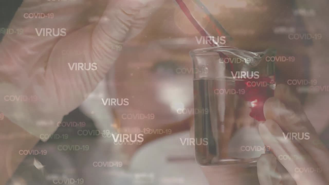 얼굴 마스크를 입은 과학자 위에 코로나 19 텍스트의 애니메이션