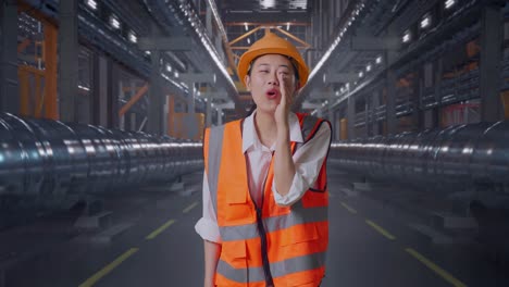 asian female engineer with safety helmet yelling with hand over mouth while standing with metal pipes