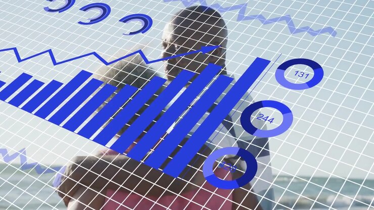 Woman facing away, man behind, white grid fading, data charts rising over couple for analytics