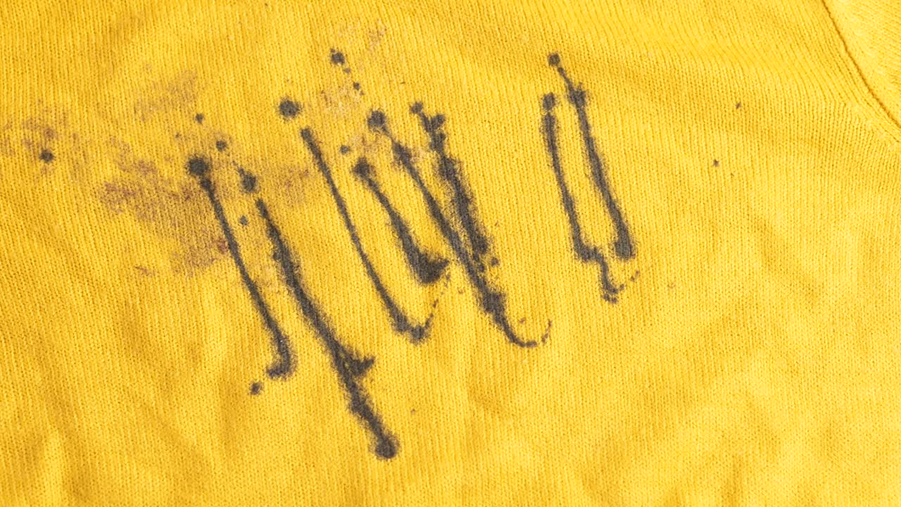 Close-up of black stains on vibrant yellow fabric