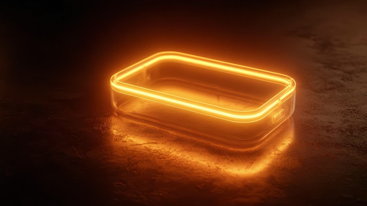 Abstract technological concept with an empty transparent container glowing with a vibrant orange neon light, sitting on a dark, reflective surface with a beautiful atmospheric haze