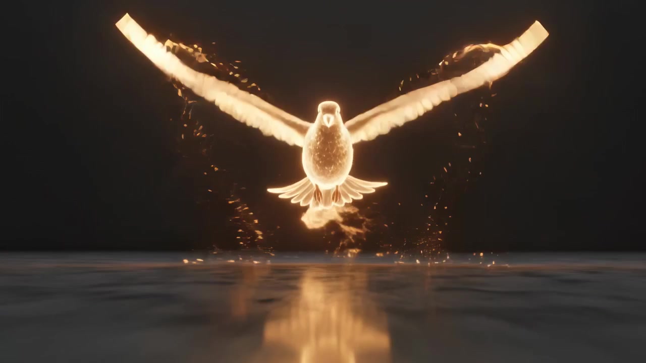 Emerging golden bird skimming reflective studio floor, trailing sparks and droplets, gaining lift