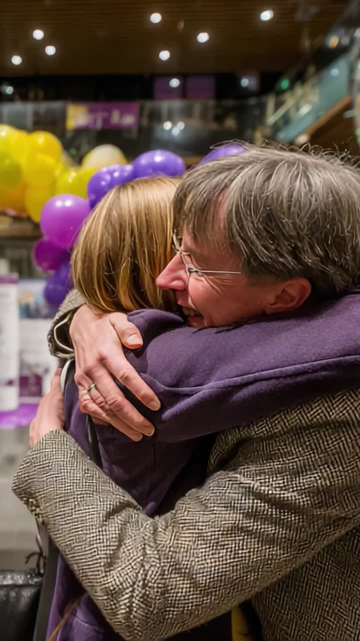 Warm Embrace Between Two Friends Celebrating a Joyful Reunion Surrounded by Colorful Balloons in a Lively Indoor Atmosphere Full of Happiness and Connection
