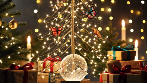 festive christmas tree with butterflies and gifts