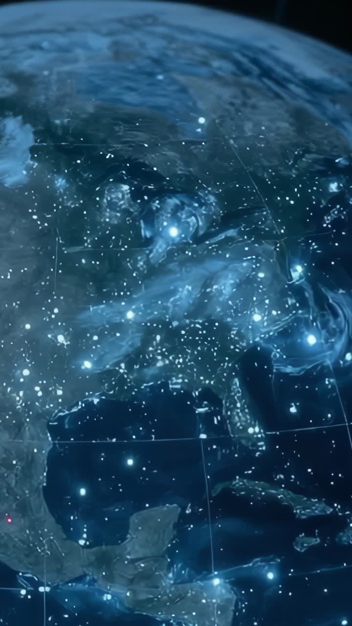 Vertical video: With animation starting rotating globe showing nodes swirls on grid in outer space
