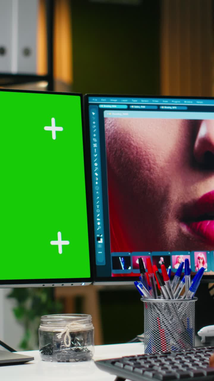 Vertical Video Isolated mockup next to african american editor retouching photo on software