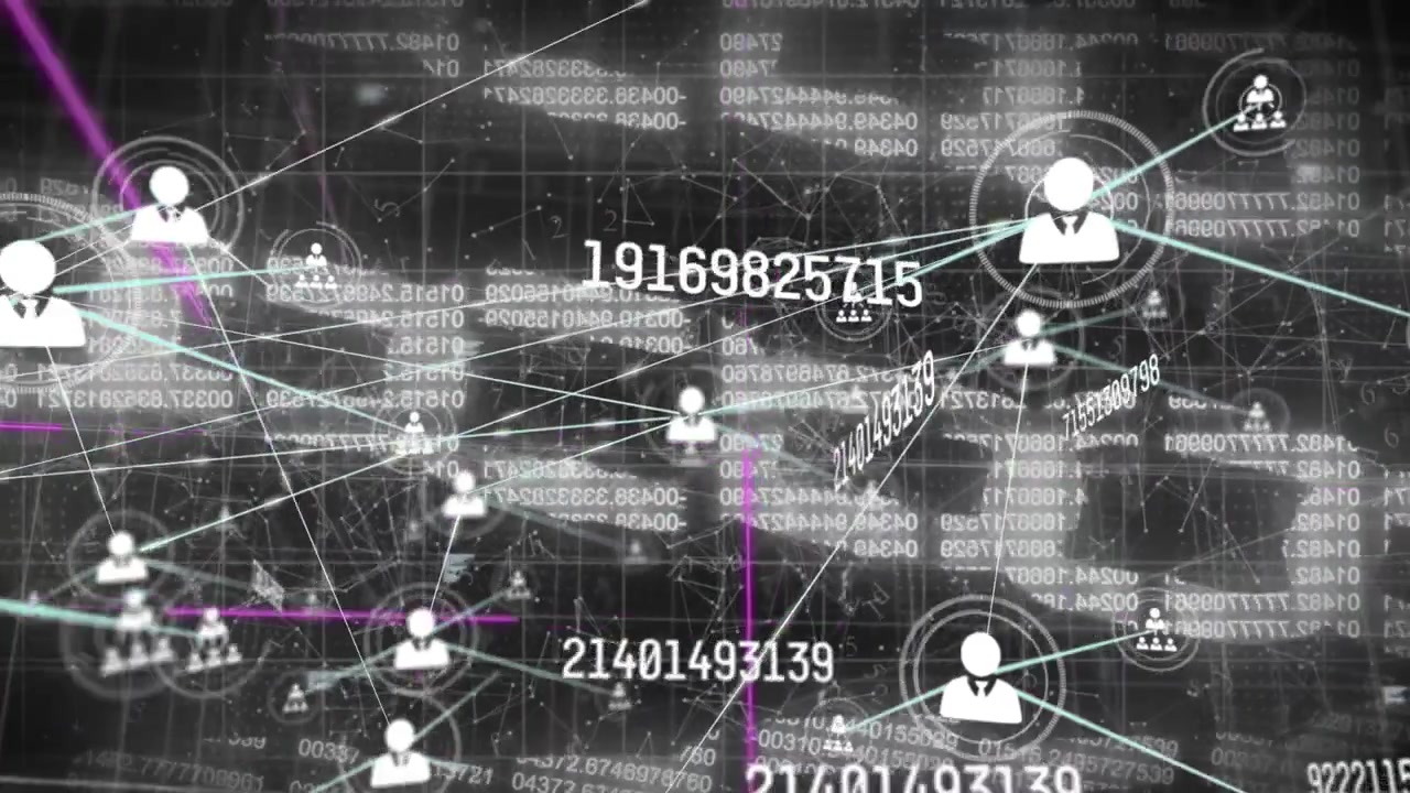 Animation of network of connections with icons over data processing