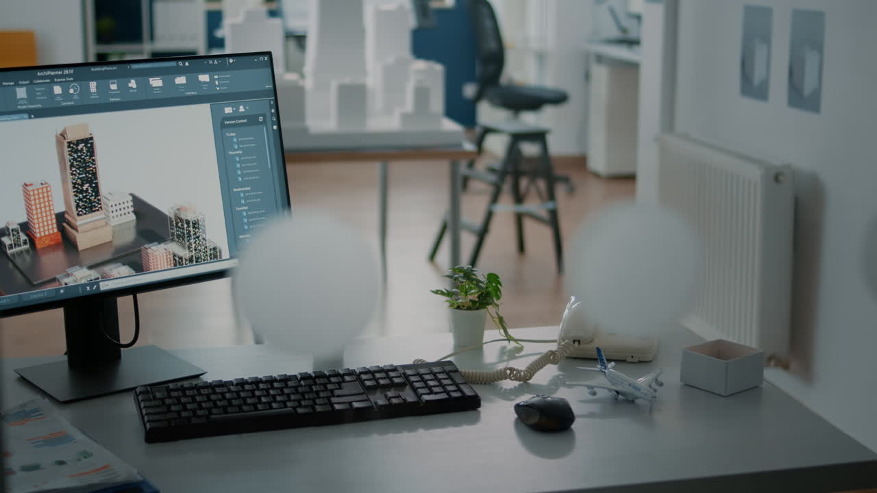 Close up of 3d building model on computer screen in empty office for architectural design
