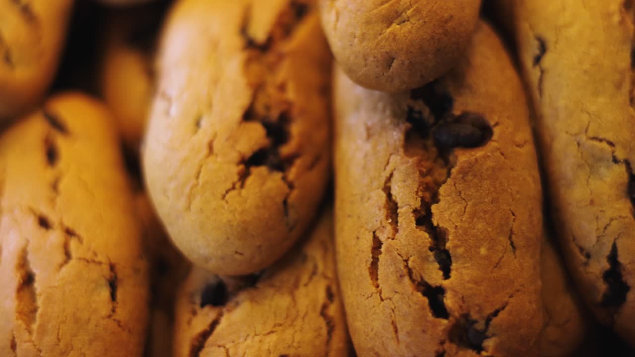 Macro shot of baked golden biscuits with chocolate chips in the pastry oven