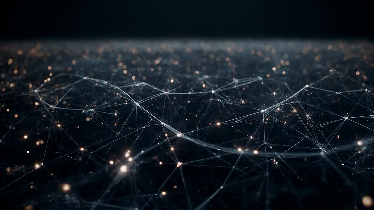 Pulserende mesh som responderer på første puls, og forskyves over et mørkt 3D-plan med noder, linjer og bokeh