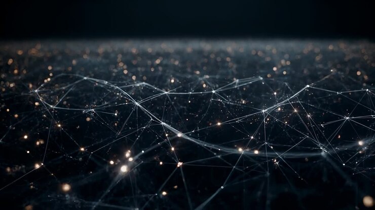 Pulsing mesh responding to initial pulse, shifting across dark 3D plane with nodes, lines, bokeh
