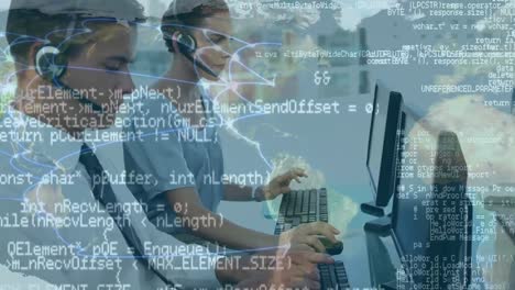 animazione dell'elaborazione dei dati su consulenti caucasici di sesso femminile e maschile con computer